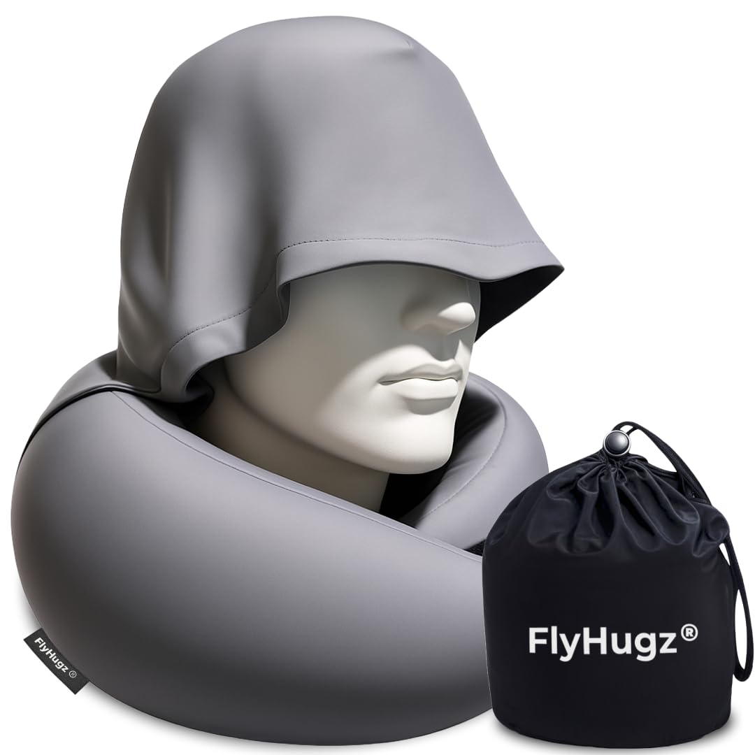 FlyHugz® 2.0 Hooded Travel Pillow – 2026 Original Release – Memory Foam Neck Pillow with Adjustable Hood & Premium Elastic Washable Cover – First Class Comfort for Flights, Road Trips & Sleep-Gray.