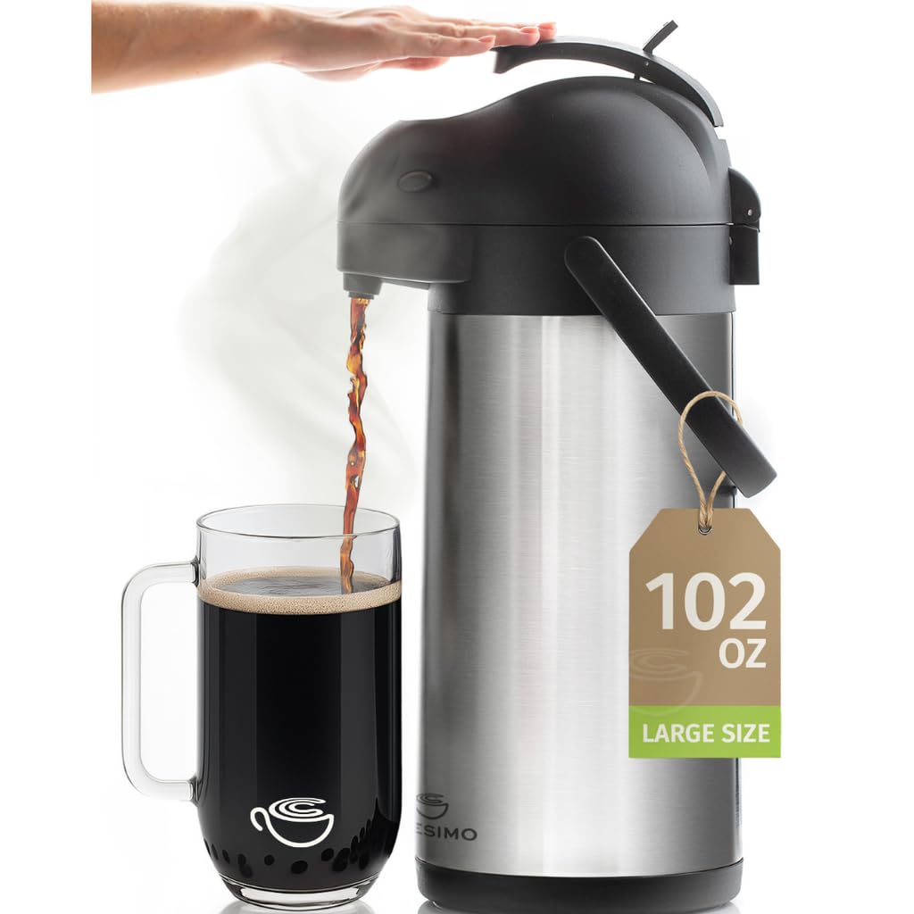 Cresimo Coffee Carafe with Pump - 102oz / 3L Airpot 12 Hours Large Hot Water Carafe, Cocoa Dispenser for Parties - Tea Flask, Insulated Stainless Steel Airpots for Hot Beverage Dispenser -Coffee Pump