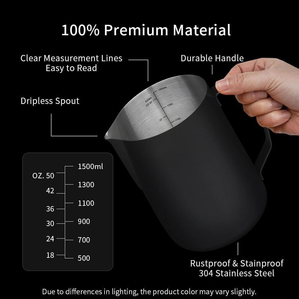 watchget Milk Frothing Pitcher 50oz/1500ml - Stainless Steel Espresso Steaming Pitcher for Cappuccino, Latte Art, Coffee Machine Accessories Milk Jug Frother Cup, Black