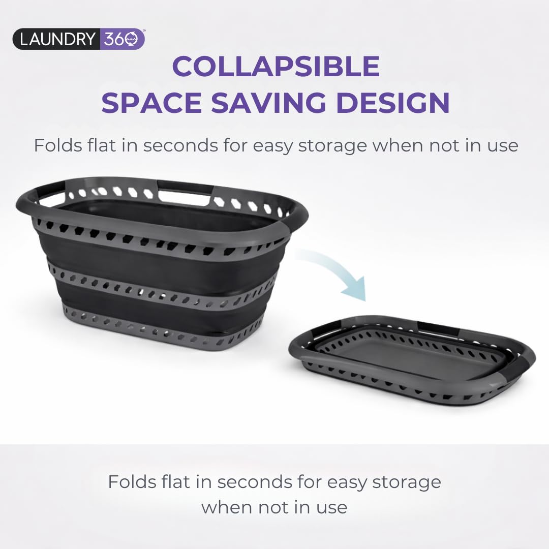Laundry 360 Collapsible Laundry Basket 40L | Portable | Space Saver Storage | Hold 2 Loads | Store Under the Bed or Closet | Good for Kids | Dorm | Bedroom | Large | Grey/Black