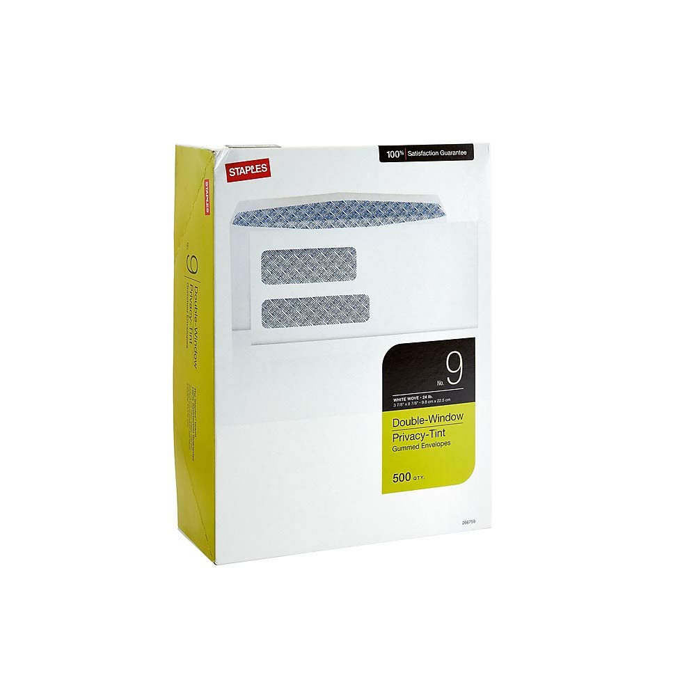 Staples #9 Double‑Window Security‑Tinted Invoice Envelopes, White, Gummed Closure, 500/Box