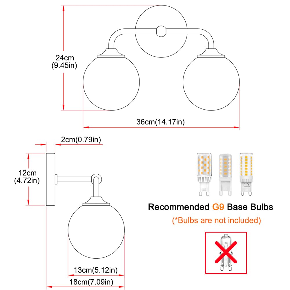 Modern Gold 2-Lights Bathroom Light Fixtures, Brass Vanity Light with Milky White Globe Glass Shade, Elegant Vanity Light Fixtures over Mirror, Wall Sconce Light for Bathroom, Mirror, Dressing Table