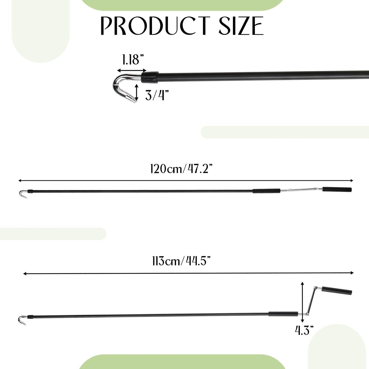 Pickmesh Exterior Roller Shade Universal Crank Wand Replacement Metal Crank Wand Telescoping Skylight Pole with Hook for Exterior Sun Shades Outdoor Indoor Roller up Blinds (Black)