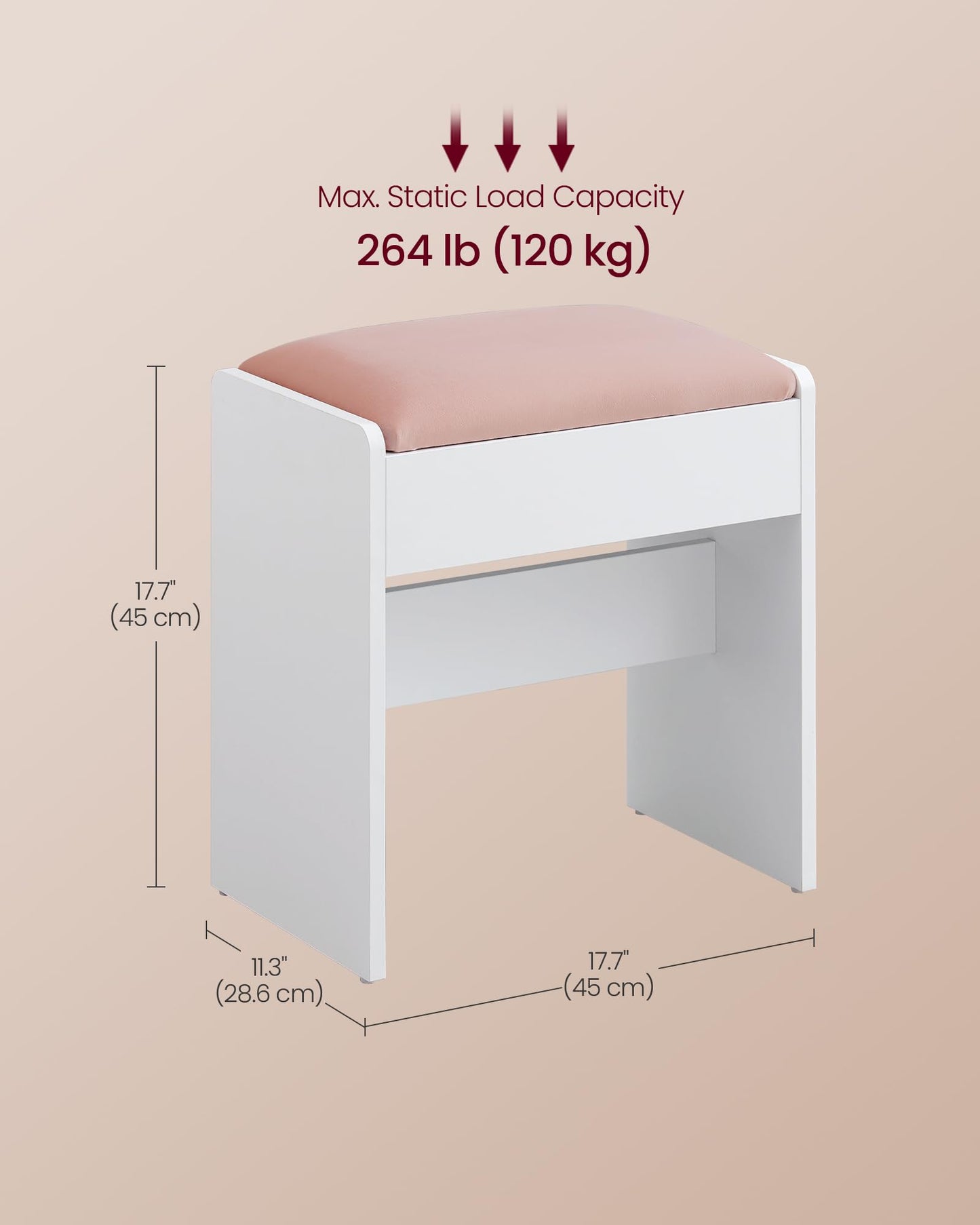 VASAGLE Kailyn Collection - Velvet Vanity Stool, Upholstered Makeup Stool, Footrest with Anti-Slip Pads, for Makeup Room, Bedroom, Entryway, Matte White and Jelly Pink URDS001W01S