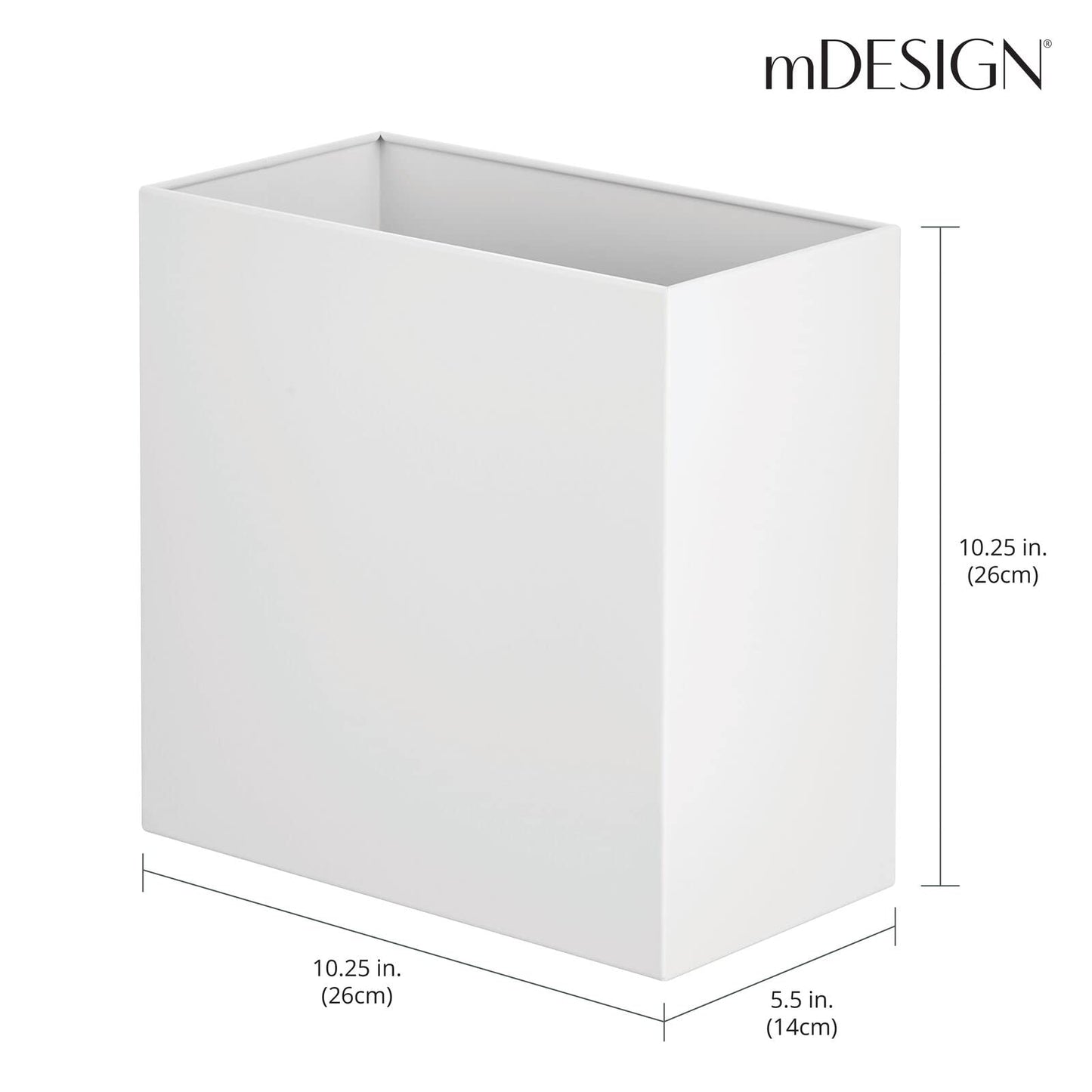 mDesign Small Steel Rectangular 2.4 Gallon/9.1 Liter Trash Can, Waste Basket for Bathroom, Bedroom, Home Office - Holds Garbage, Recycling, Household Items - Linn Collection - White