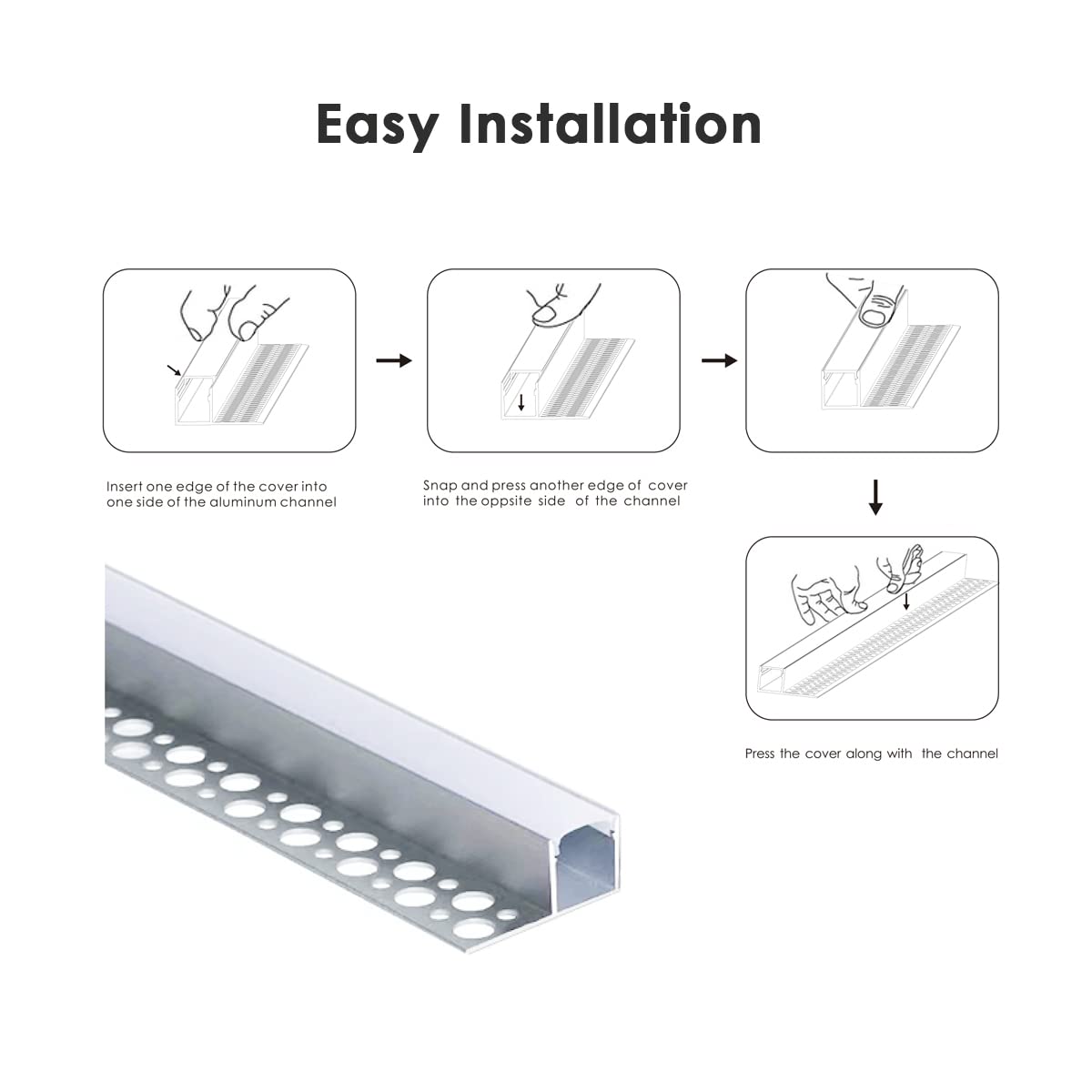 Besseto Plaster-in LED Channel 6 Pack 3.3FT/1 Meter Trim Edge Tile LED Strip Aluminum Channel, Trimless Recessed Drywall Aluminum LED Profile with Milky Diffuser and End Caps