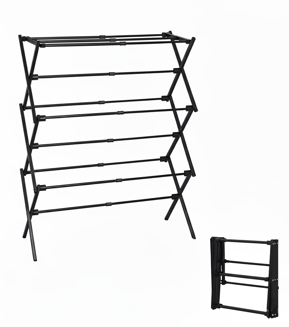 UNICCA 3-Tier Metal Folding Clothes Drying Rack, Laundry Drying Rack Clothing | Collapsible Dryer Racks for Laundry | Indoor & Outdoor,Black