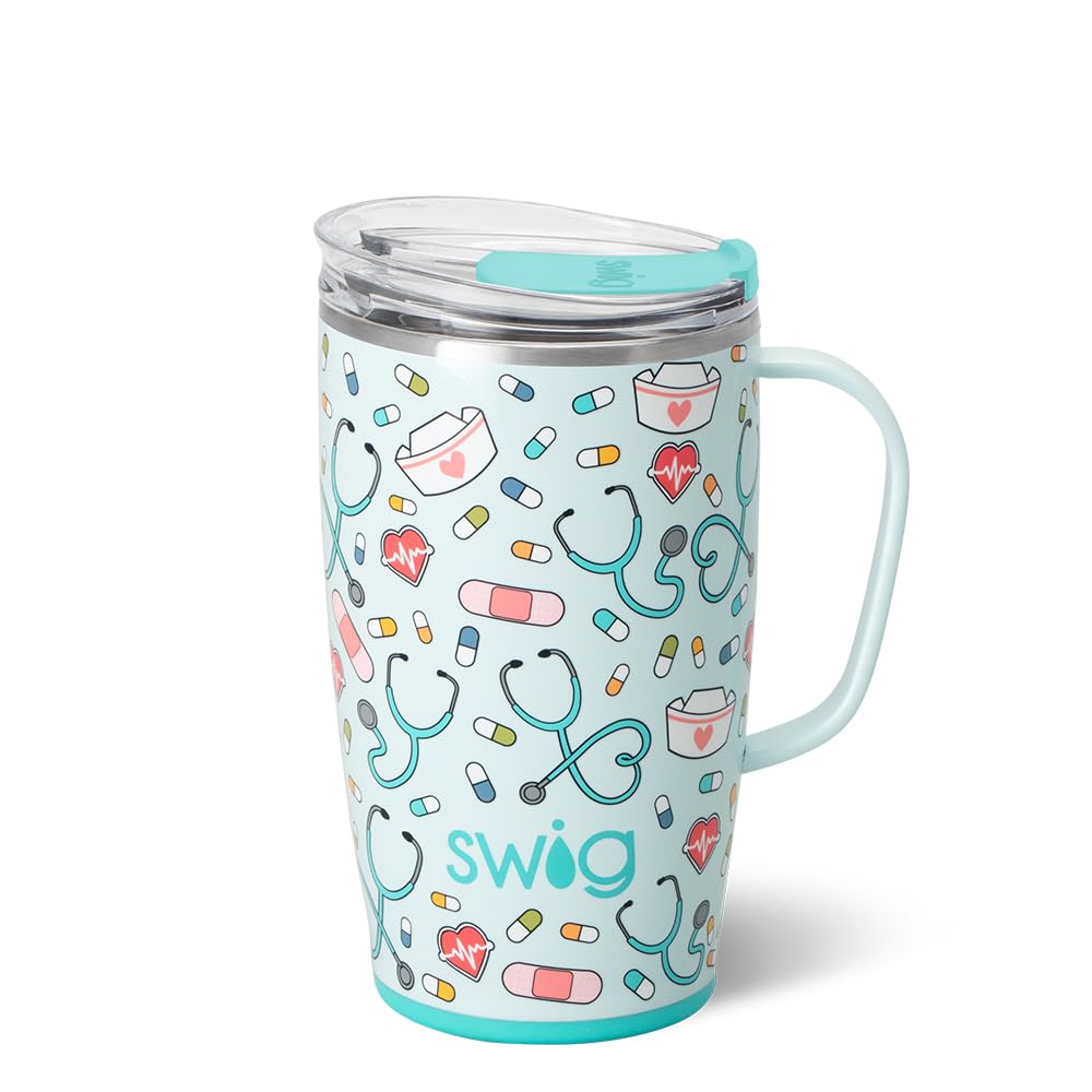Swig Life 18oz Travel Mug, Insulated Tumbler with Handle and Lid, Cup Holder Friendly, Dishwasher Safe, Stainless Steel, Travel Coffee Cup, Nurse Gifts for Women (Scrub Life)