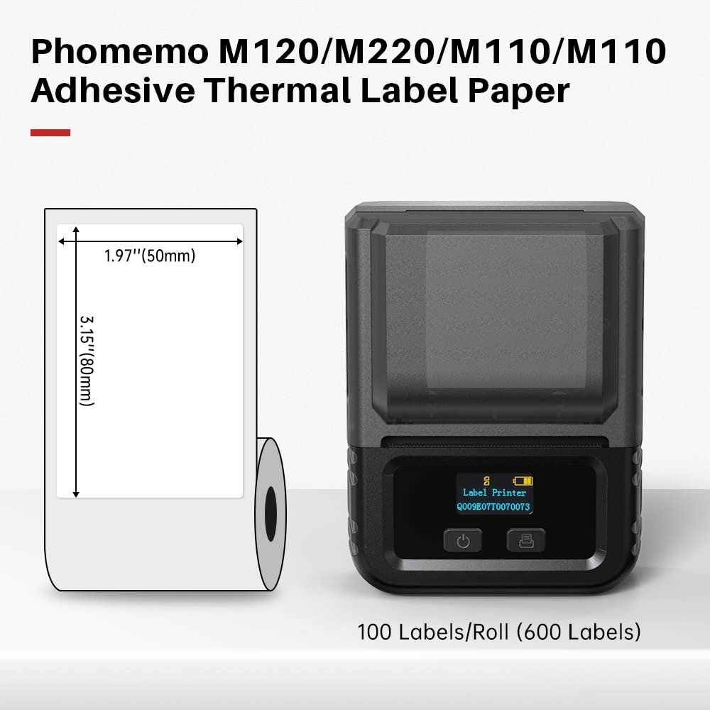 600 pcs Phomemo Labels for Label Printer, 1.96''x3.14''(50x80mm) Thermal Printer Sticker Papers,100Pcs Per Roll, Compatible with Phomemo M110/ M220/ M108/ M250/M260/M120/ M150/M221, Black on White
