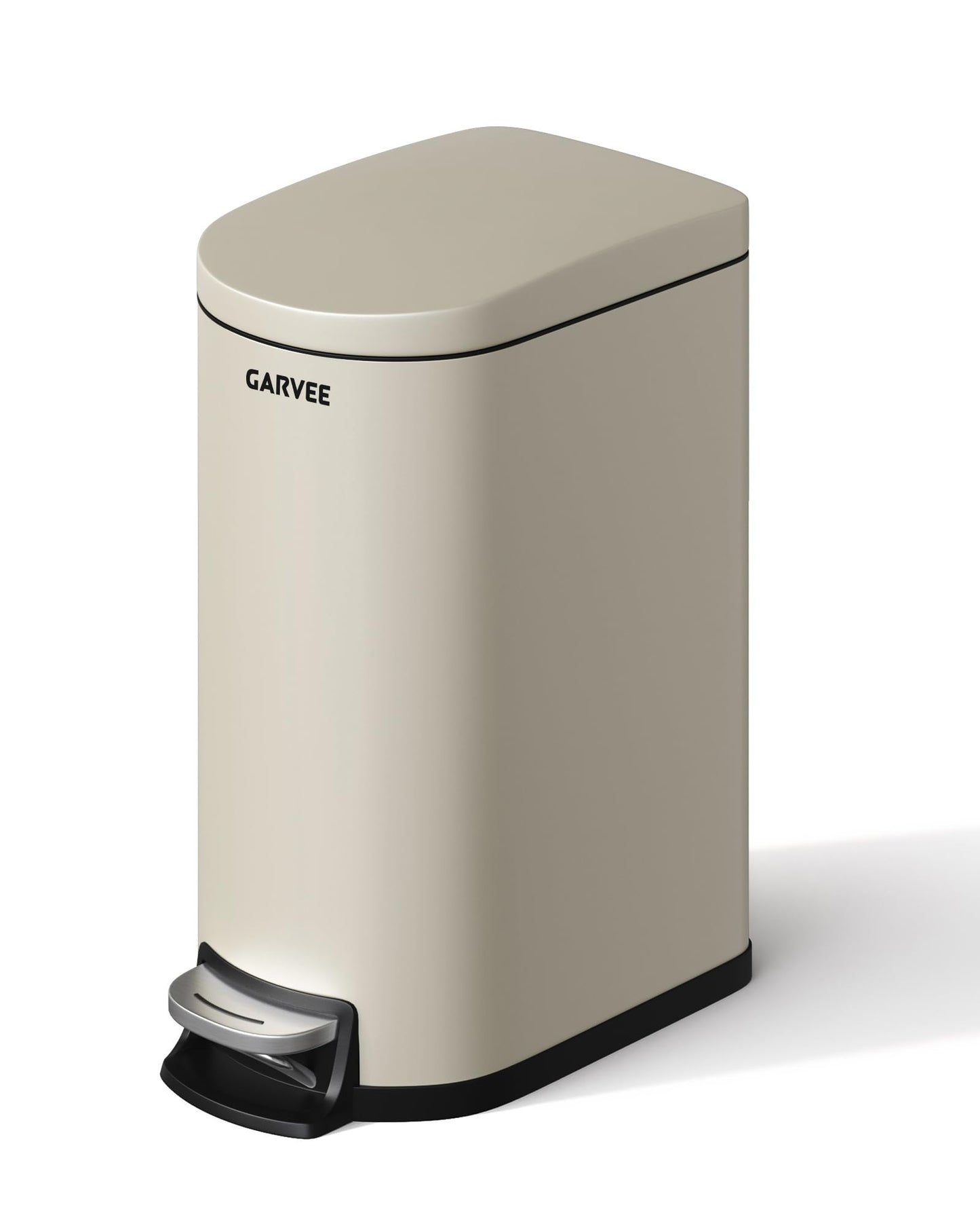Garvee 2.6 gal / 10 L Metal Bathroom Trash Can with Lid, Slim Waterproof Garbage Can for Bedroom, Small Step-on Trash Bin with Inner Bucket, Rear Handle, Soft Close Lid, Sand Beige