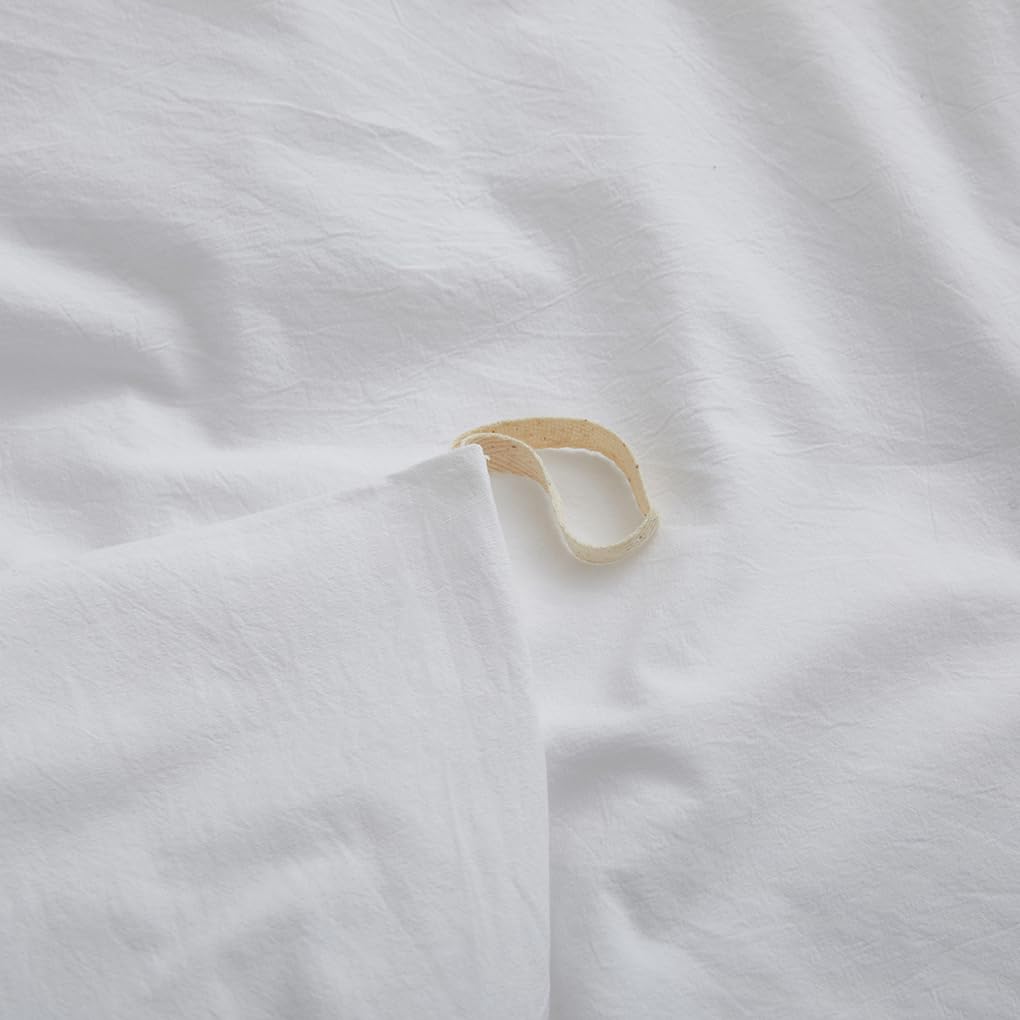 100% Washed Cotton Duvet Cover Queen Size, White Linen Like Breathable Natural Bedding Set (No Comforter), 90x90 Inches