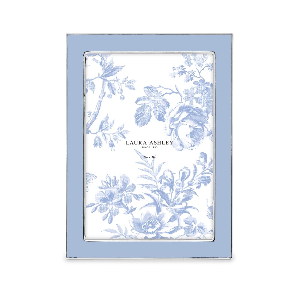 Laura Ashley 5x7 Cashmere Blue Enamel Picture Frame, Silver Metal Edge with Easel, for Countertop, Tabletop Display, Bookshelf, Desk, Wall Décor, Photo Gallery (5x7, Cashmere Blue W/Silver)