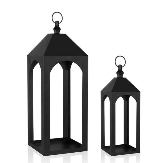 23" 17" Large Black Metal Candle Lanterns Decorative Indoor Modern Farmhouse Lantern Decor Set of 2 Outdoor Lanterns for Porch Patio Floor Mantle Fireplace Lantern for Christmas Halloween Home Decor