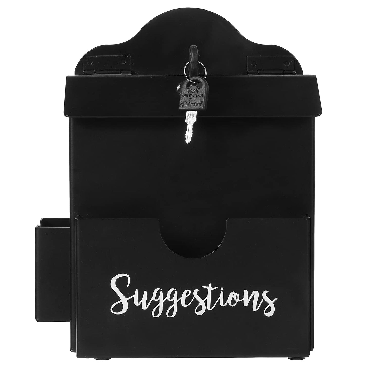 MyGift Suggestion Box with Slot and Lock, Donation Box for Fundraising, Complaint Case with Paper Sheet and Pen Holder Slots,Wall Mounted or Tabletop, Black Metal
