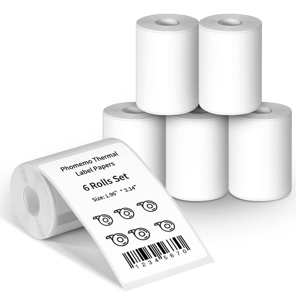 600 pcs Phomemo Labels for Label Printer, 1.96''x3.14''(50x80mm) Thermal Printer Sticker Papers,100Pcs Per Roll, Compatible with Phomemo M110/ M220/ M108/ M250/M260/M120/ M150/M221, Black on White
