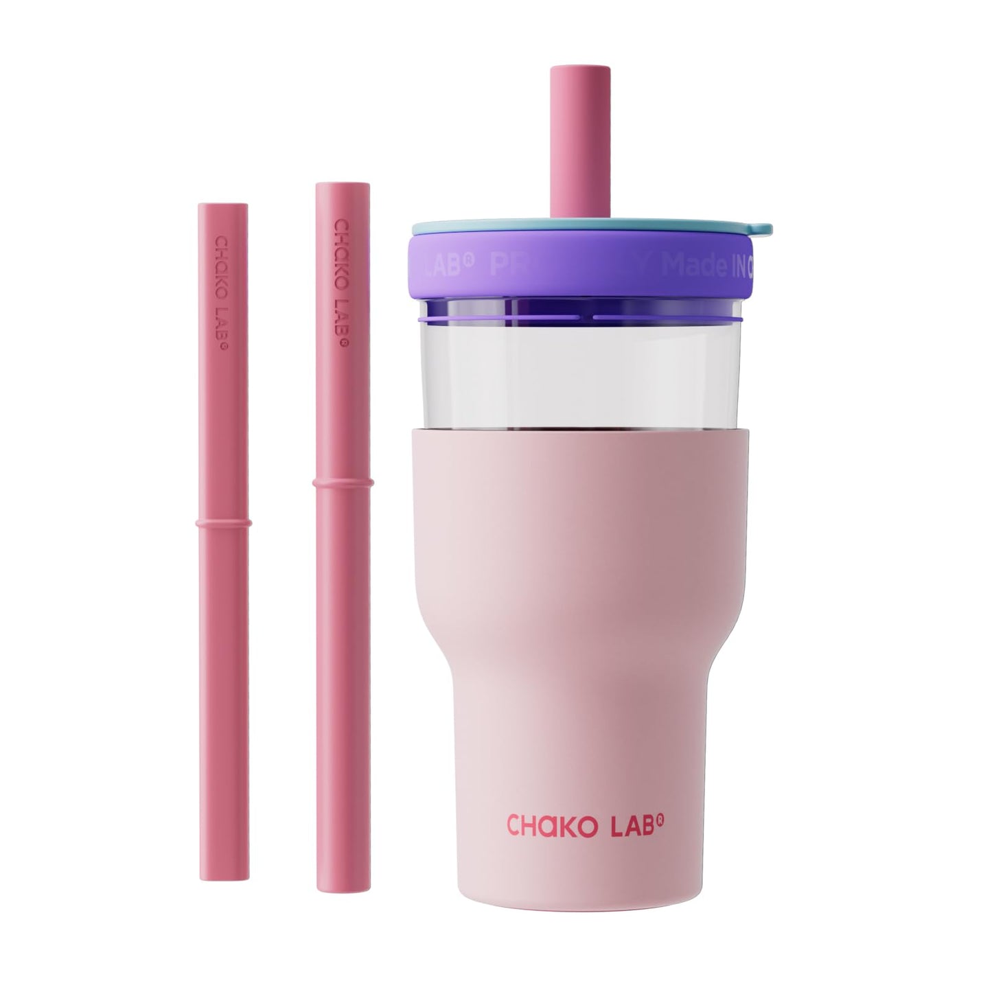 CHAKO LAB Insulated Stainless Steel Water Bottle | Dual-layer tumbler with Glass Linner and Stainsteel Linner | BPA-Free Leak Proof Thermos | 20oz Bottle with Two Straw | Pink & Purple