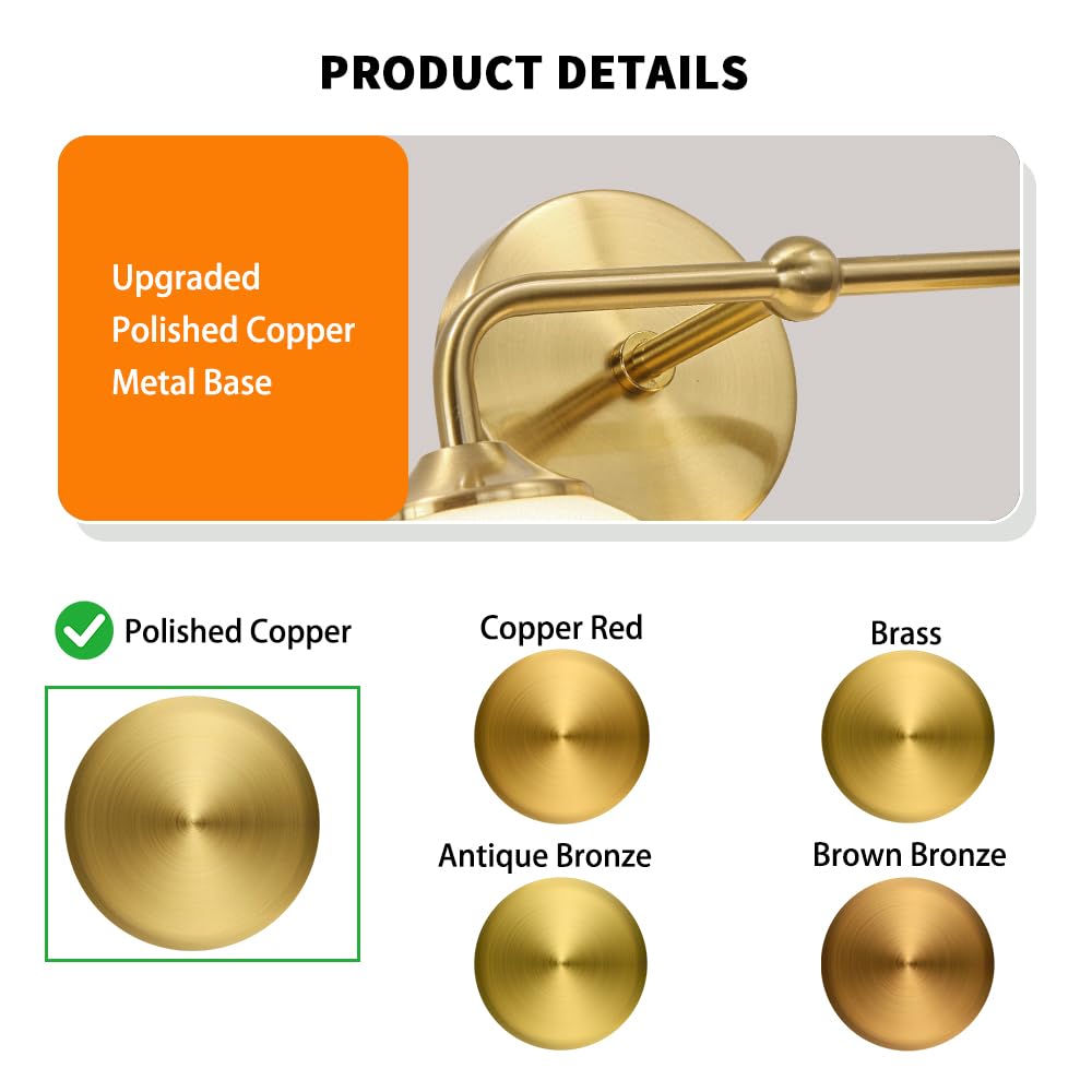 Modern Gold 2-Lights Bathroom Light Fixtures, Brass Vanity Light with Milky White Globe Glass Shade, Elegant Vanity Light Fixtures over Mirror, Wall Sconce Light for Bathroom, Mirror, Dressing Table
