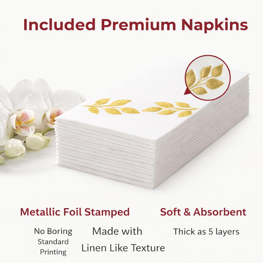By Madee HEAVYWEIGHT 175 Pc Fancy Plastic Dinnerware Sets | Ivory Scalloped Plastic Plates with Gold Trim | Nice Plastic Plates Cutlery and Glam Napkins (25 Guests)