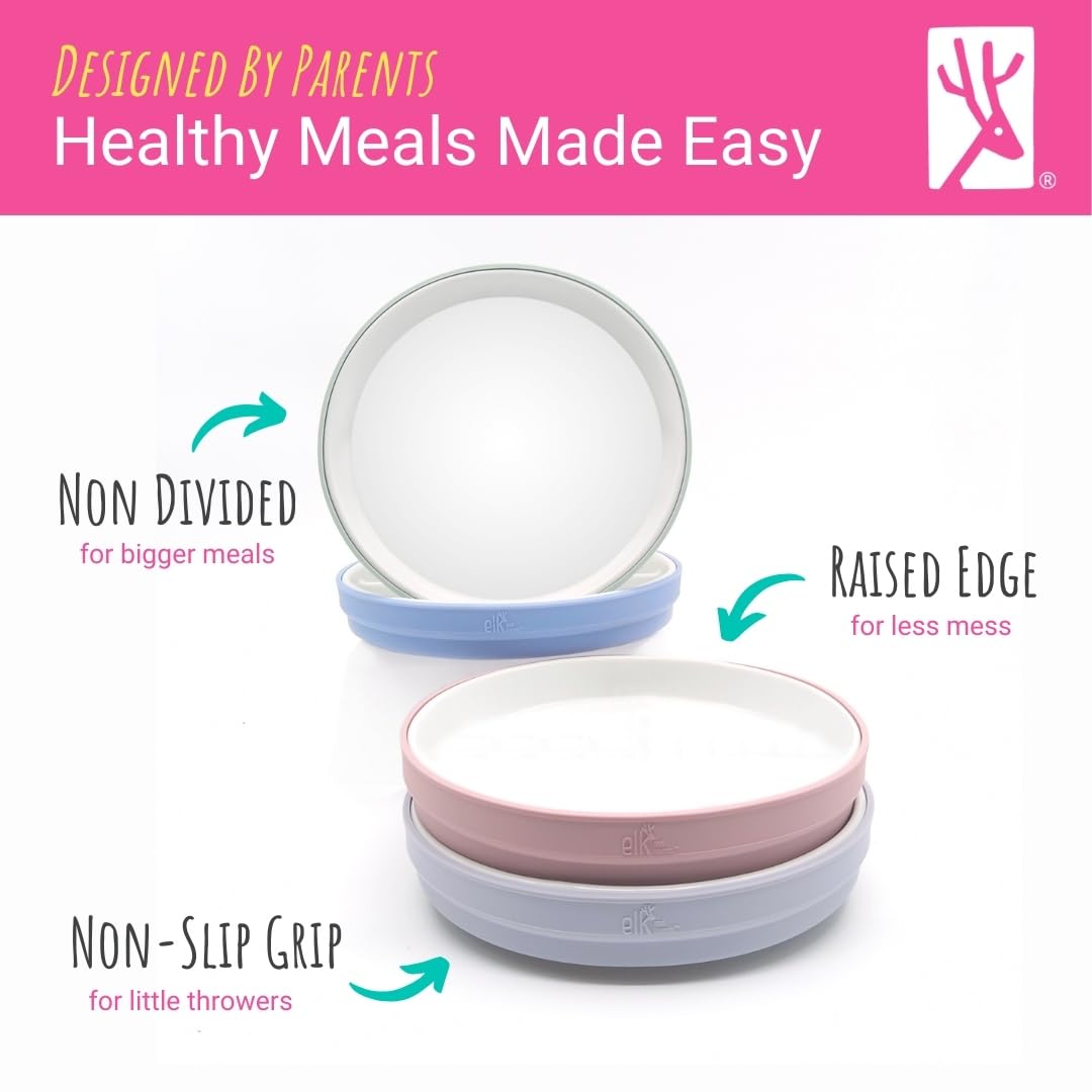 Elk and Friends Kids 7.8” Porcelain White Plates with Silicone Sleeves | Suitable for Babies/Toddlers | Microwave & Dishwasher Safe | Non Slip Dinnerware | Snack Dishes | 4 Pack
