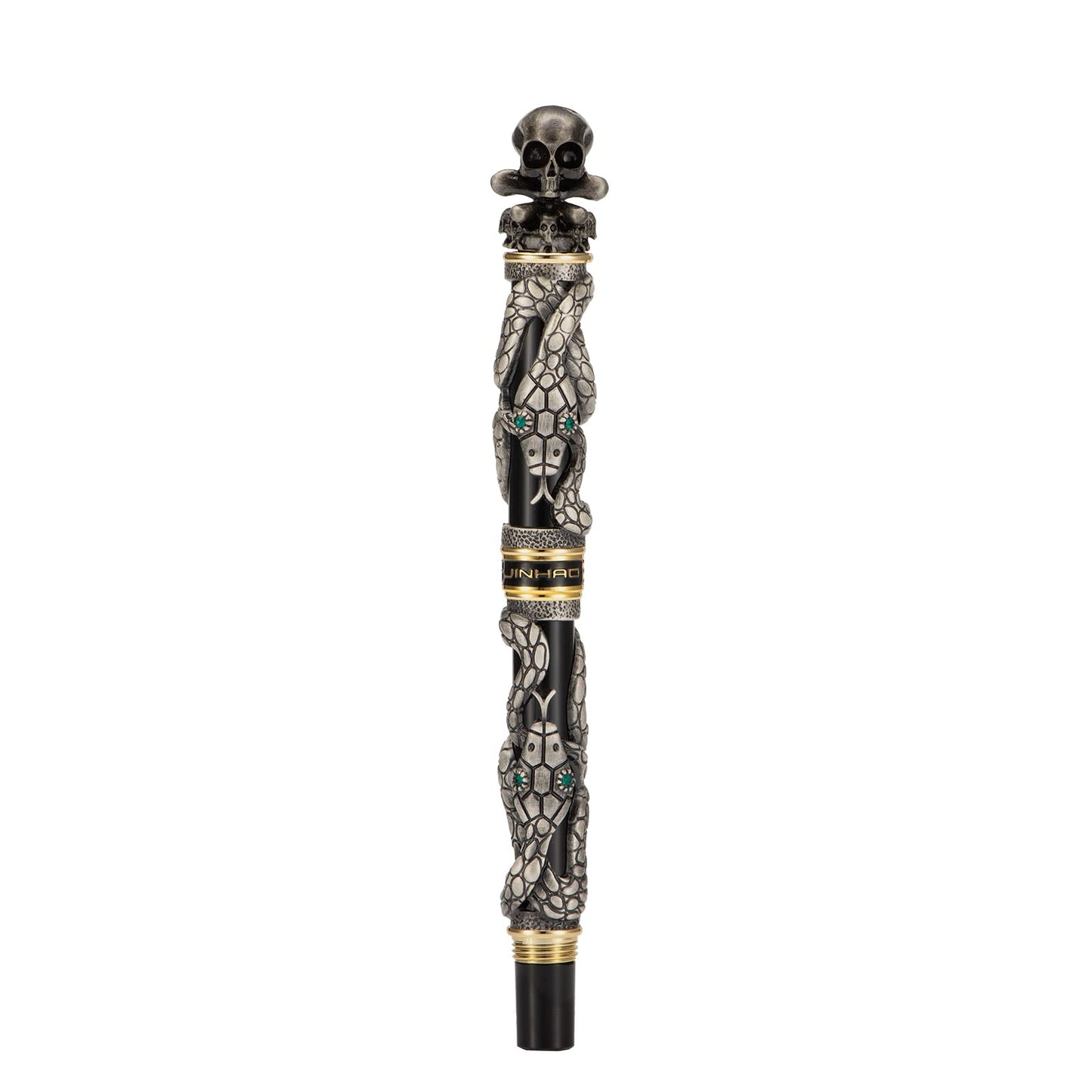 Jinhao Black Snake Fountain Pen Medium Nib Retro Style with Skull Head Solid Metal and Paper Pen Case Set