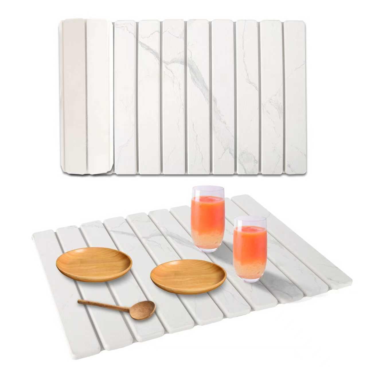 Stone Dish Drying Mat for Kitchen Counter, 24''×15'' Dishes Drying Matt Kitchen Counter, Absorbent Diatomaceous Earth Bath Quick Dry Mats for Tableware, Bottles and Cup(White Marble)