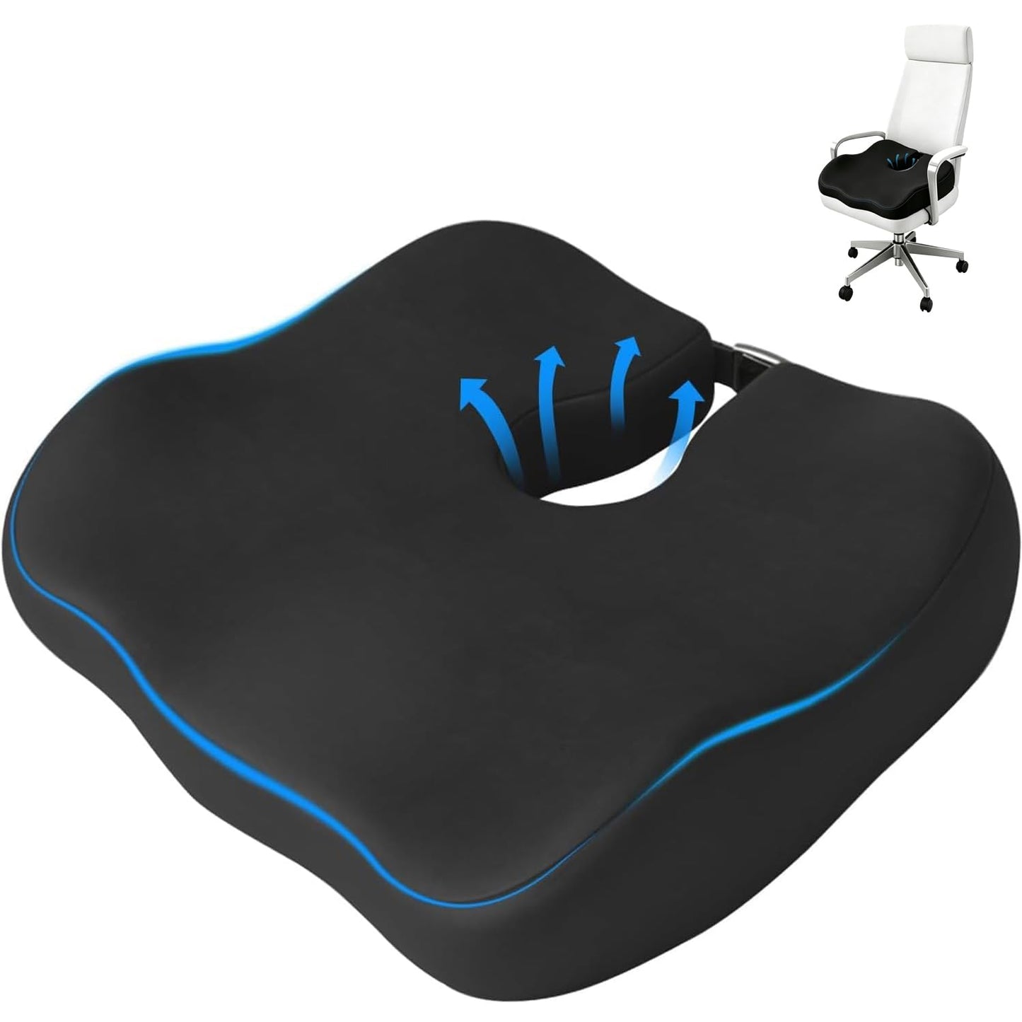 Seat Cushions for Office Chairs, Dense Seat Cushion for Tailbone & Sciatica Pain Relief – Certified, Ergonomic Memory Foam Seat Cushion for Office Chair, Car, Wheelchair, All-Day Comfort (Black)