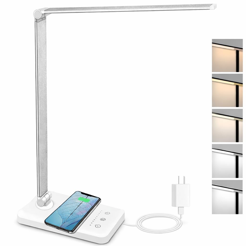 MCHATTE LED Desk Lamp with Wireless Charger, USB Charging Port, Dimmable Eye-Caring Desk Light with 5 Brightness Levels & 5 Lighting Modes, Touch Control, Auto Timer (White)