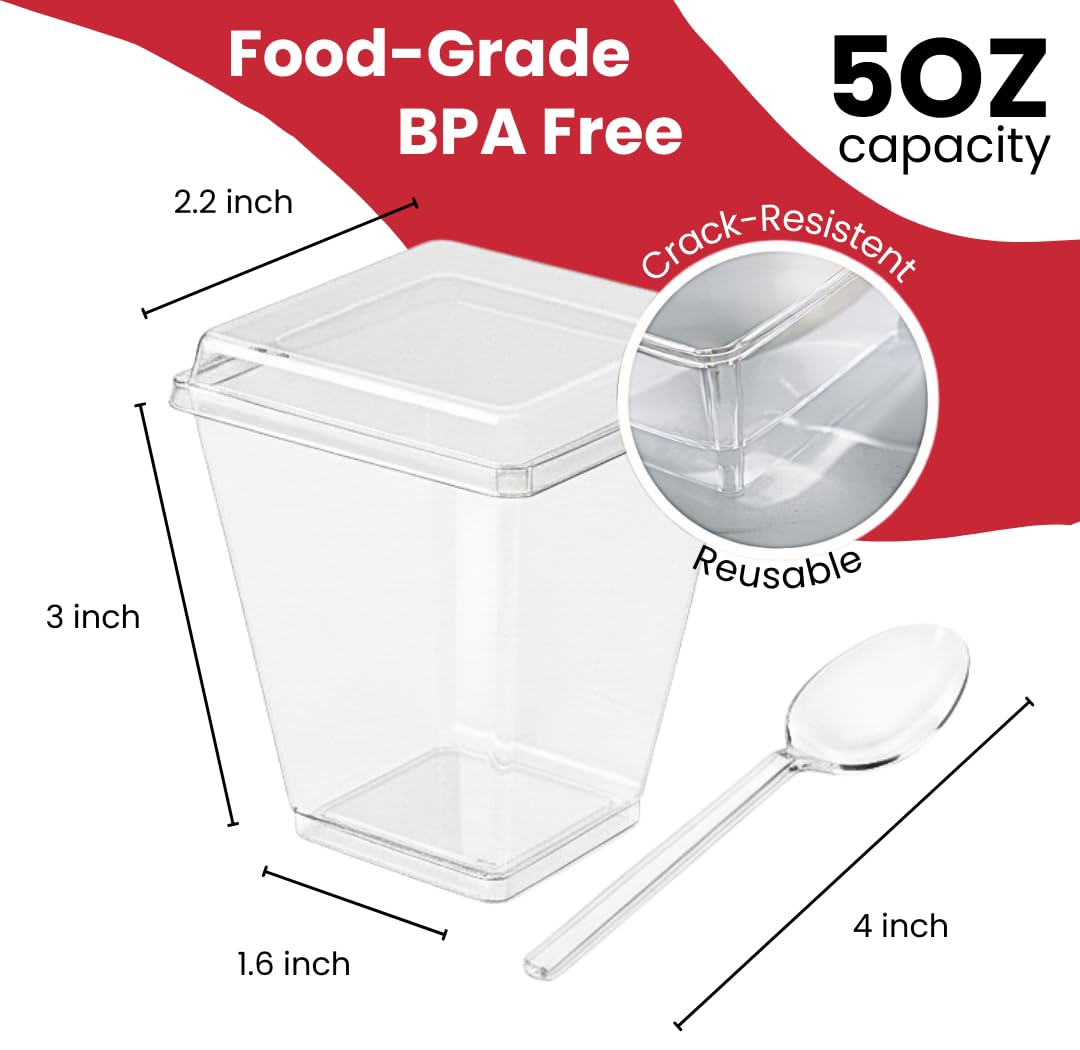 Crystry 100 Pack 5 oz Plastic Dessert Cups with Lids and Spoons Clear Mini Parfait Cups Dessert Shooter Cups for Party Pudding Mousse Tiramisu Trifle Yogurt BPA Free Vasitos para Postres con Tapa