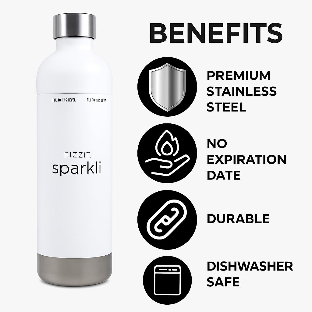 FIZZIT Spärkli 1L Stainless Steel Carbonating Bottle | Compatible with Aarke II & III, Philips GoZero & Monten Soda Makers | Reusable Sparkling Water Bottle, Dishwasher Safe, BPA-Free-Eco-Friendly