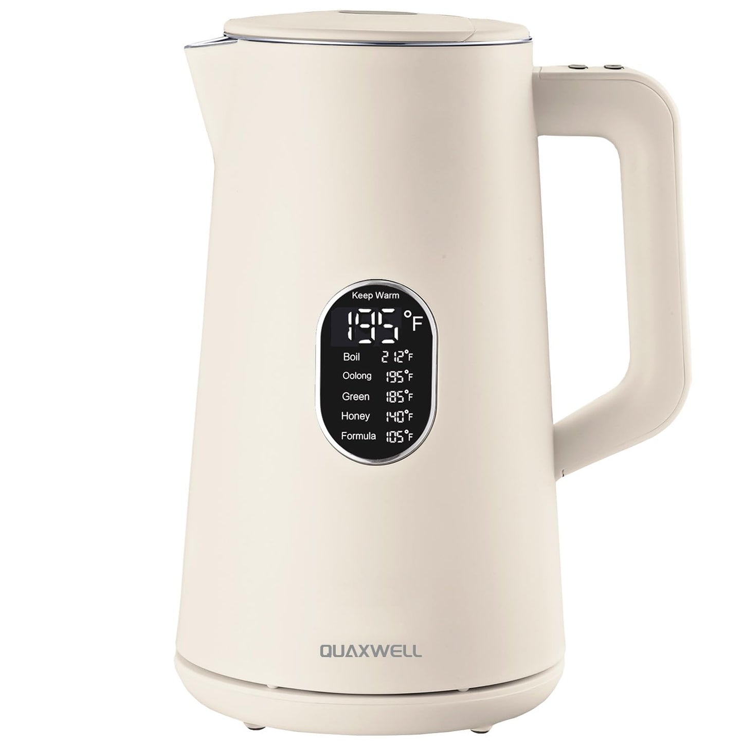 QUAXWELL 1.5L Electric Kettle Stainless Steel, Double Wall Cool Touch Teapot, Fast Boil,5 Temperature Control, LED Display, Auto Shut-Off,Keep Warm Function,Cream White