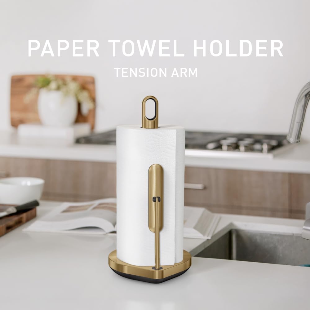 simplehuman Tension Arm Countertop Paper Towel Holder, Easy One-Handed Tear, Standing Weighted Base with Finger Loop, Heavy Duty, Brass Stainless Steel