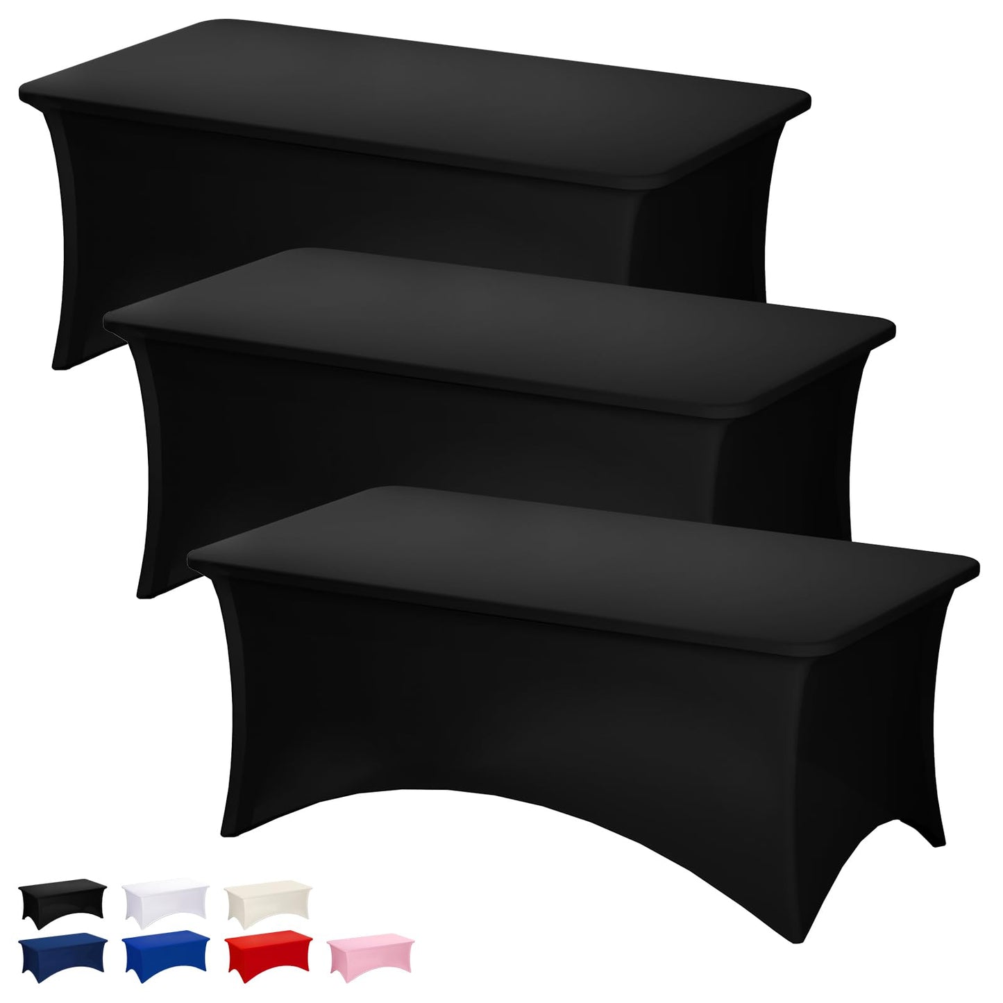 Fixwal 3 Pack Black Tablecloth Rectangle 8Ft, Stretch Spandex Fitted Table Cover for Party, Trade Show, Wedding, Buffet, Graduation, Vendor Stand