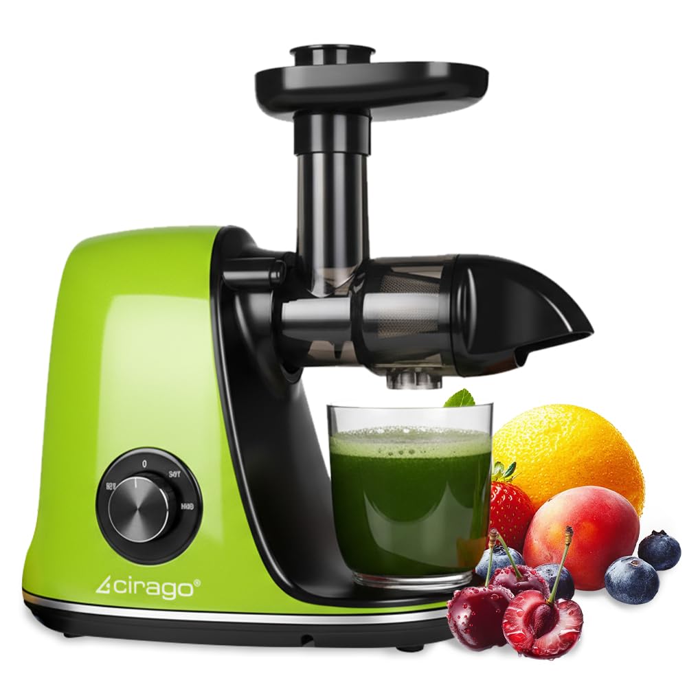 CIRAGO Horizontal Cold Press Juicer, Two Speed Adjustments, Slow Masticating Juicer Extractor, Easy to Clean, Silent Motor, Suitable for Vegetables and Fruits, BPA Free (Green)