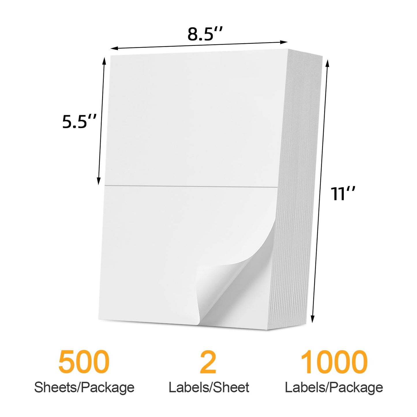 (1000 Labels/500 Sheets)Labelebal Half Sheet Self Adhesive Shipping Labels for Laser & Inkjet Printers, 8.5" x 5.5" Shipping Mailing Labels, 2 Per Page Shipping Labels, 5 1/2 x 8 1/2 Half Sheet Labels