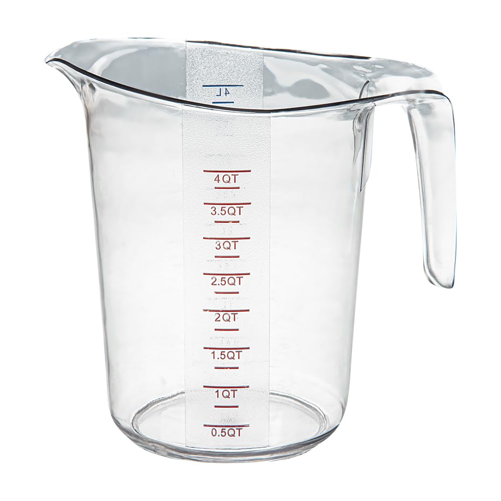 Restaurantware RW Base 4 Quart Measuring Jar 1 Durable Measuring Beaker - Metric And Imperial Units V-Shaped Spout Clear Plastic Measuring Cup Handle With Thumb-Grip Tolerates Up To 248F