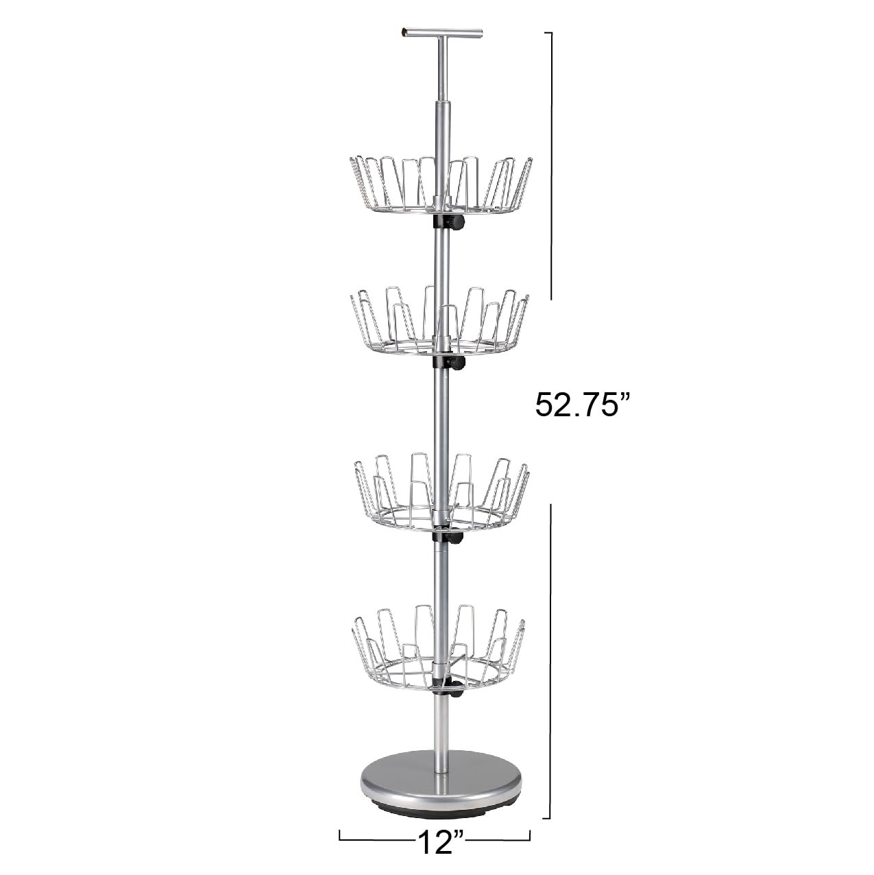 Household Essentials 4-Tier Revolving Shoe Tree, Heavy-Duty Steel with Stabilized Base, Holds 24 Pairs of Shoes, Great for Most Styles, Chromelike Finish