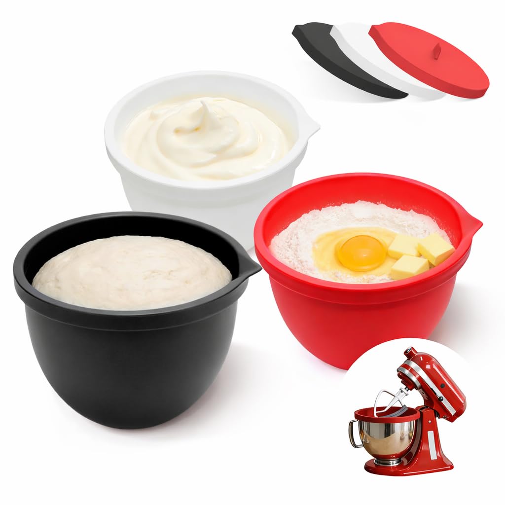 Silicone Liners Compatible with KitchenAid 5 Qt Tilt-Head Stand Mixer (Only), Odourless, Thicker, Cold/Heat-Resistant & Non-Stick, Easy Clean, Fits 5 Quart Mixing Bowl, Set of 3 with Lids