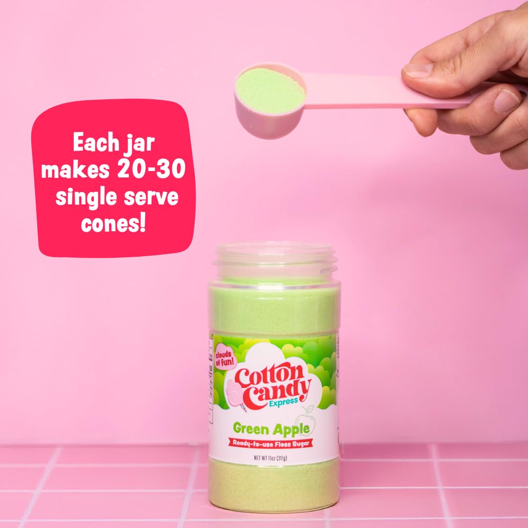 Cotton Candy Express Floss Sugar and Cones Variety Pack with 10 - 11oz Plastic Jars of Assorted Flossing Sugars, Plus 100 Paper Cones. Use With Cotton Candy Express Countertop Machine
