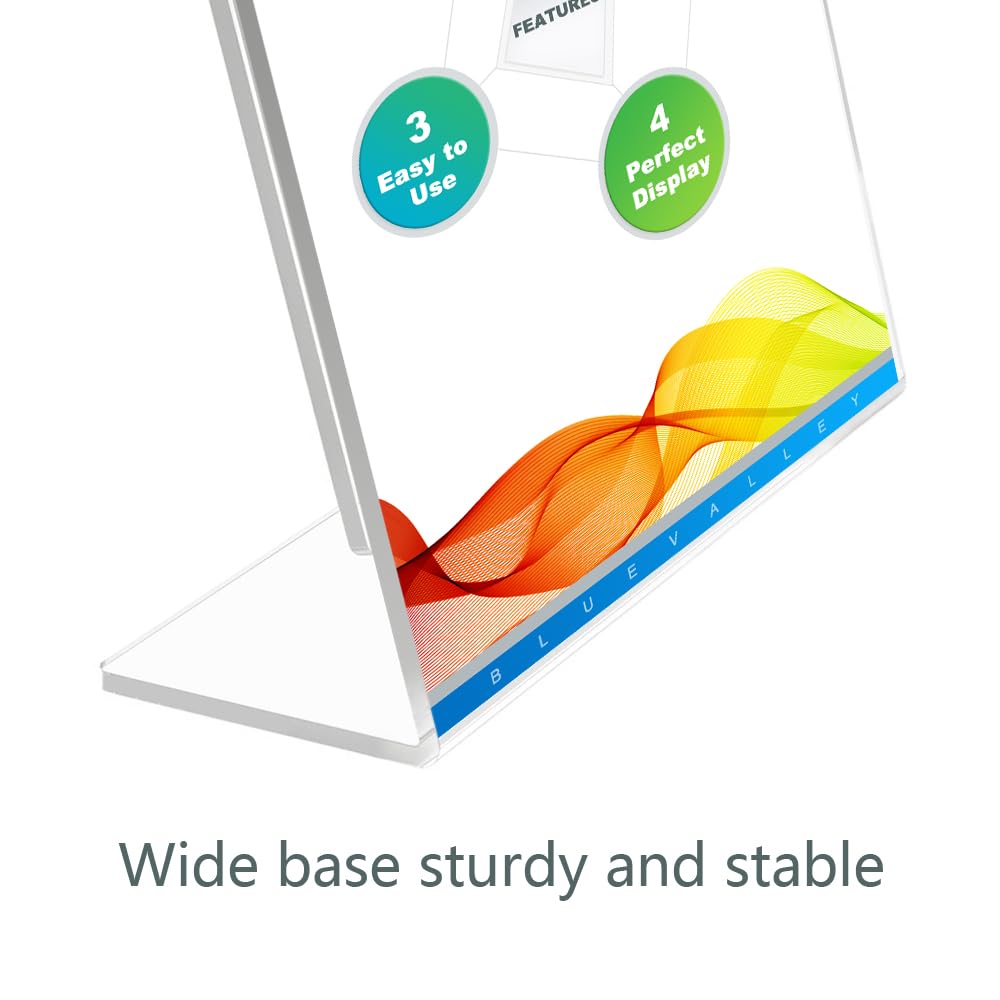 BlueValley Acrylic Sign Holder 8.5x11 Vertical - Clear Slanted Back Plastic Paper Display Stand for Menu, Flyer, Document - Table Top Sign Holder Certificate Frame for Office, Retail, Restaurant, Fairs - 12 Pack