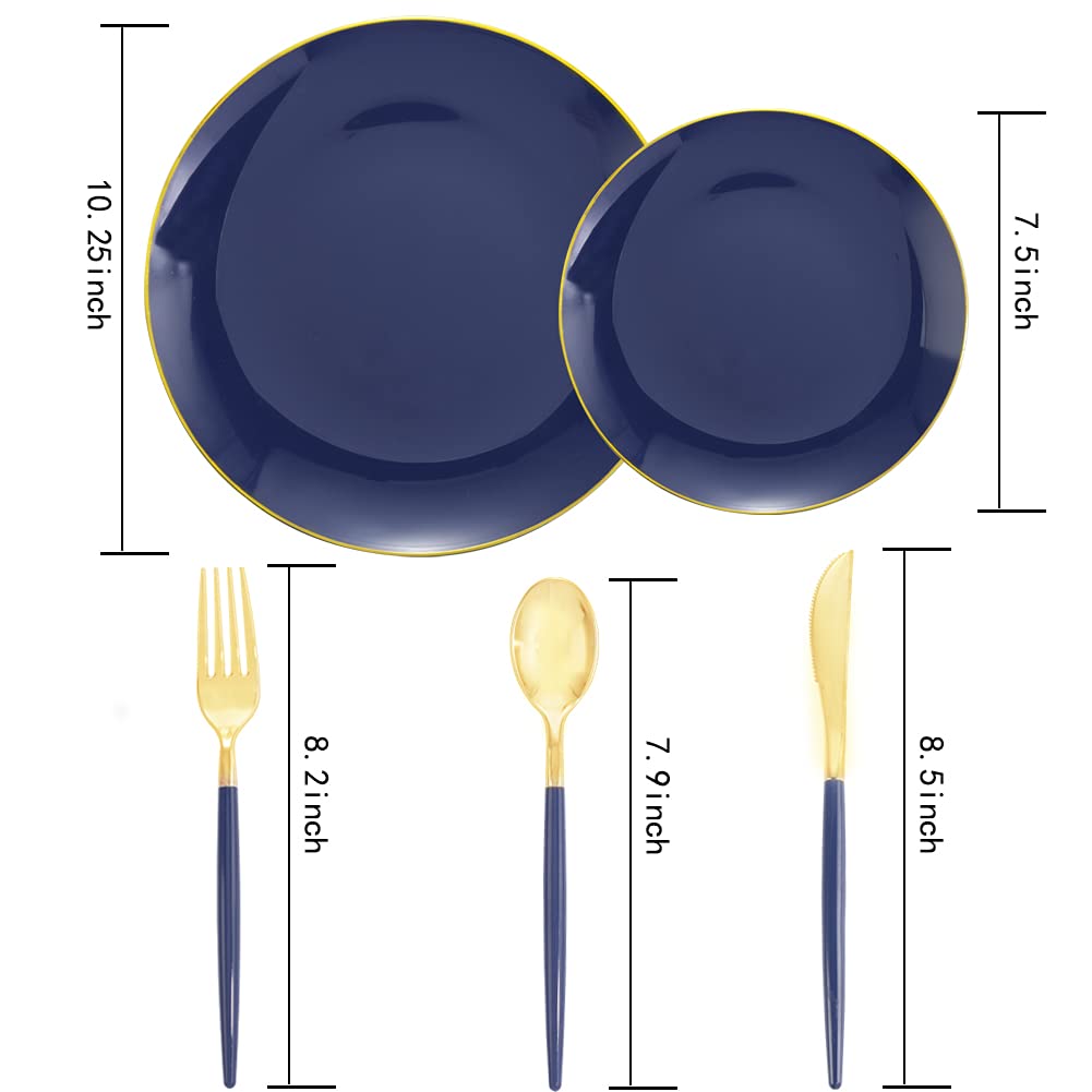 Liacere 150PCS Blue Plastic Plates - Gold Plastic Silverware with Blue Handle - Navy Disposable Plates Include 30 Guests Plates,Forks,Spoons,Knives for Party & Graduation & Independence Day