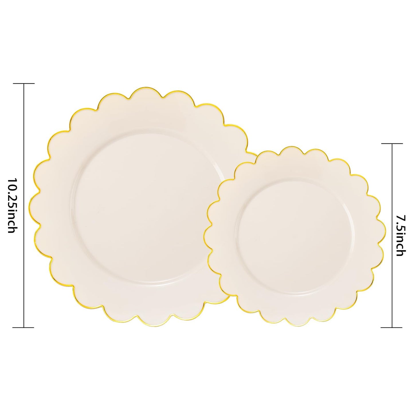LIYH 60 Pcs Ivory and Gold Scalloped Plastic Plates - Disposable Fancy Combo Plates Includes 30 Dinner Plate 10.25" and 30 Dessert Plate 7.5" Plastic Heavy Weight Party Tableware Dishes