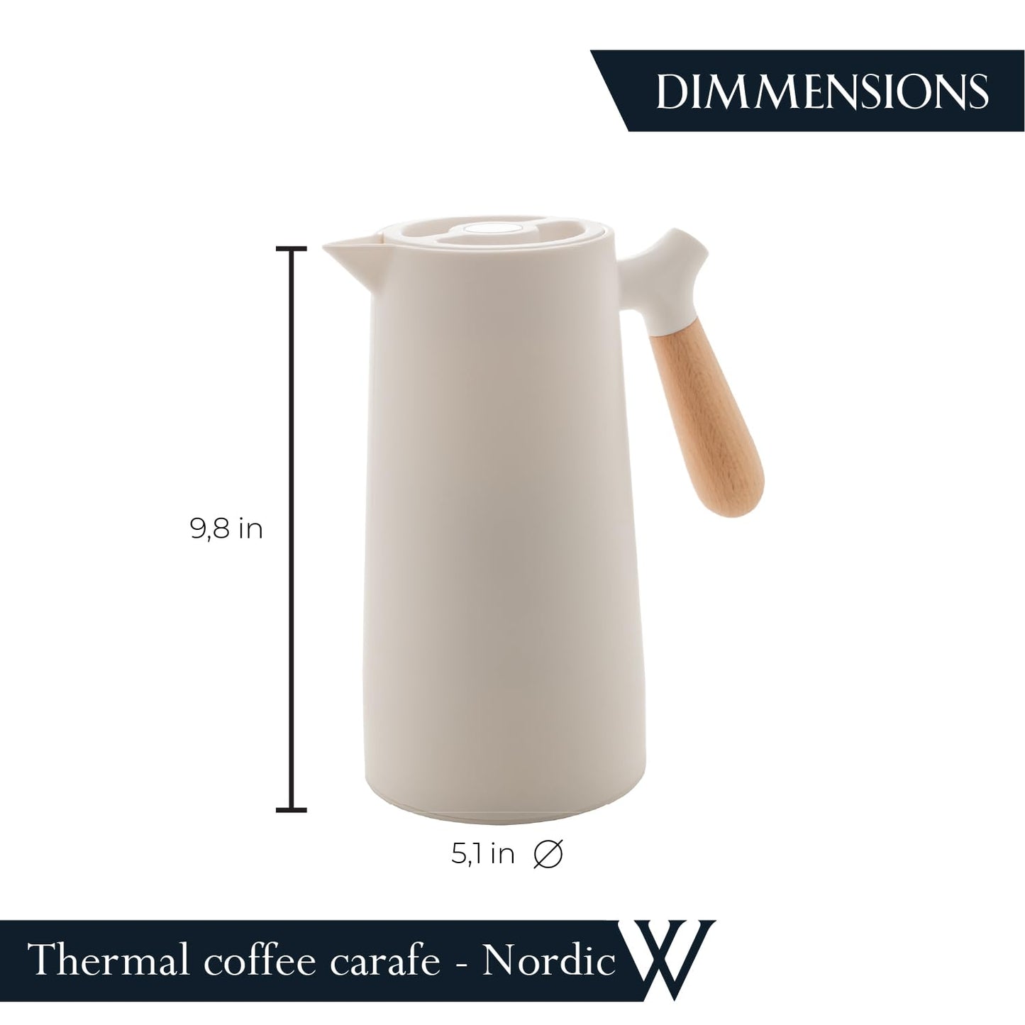 WOLFF - White Thermal Coffee Carafe – 34oz / 1L Insulated Carafe - Food-Safe Plastic Exterior and Glass Liner, Wood-Style Handle – Keeps Drinks Hot or Cold, Leakproof Coffee and Tea Dispenser