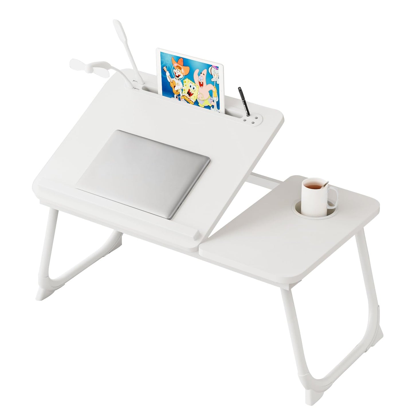 Laptop Desk for Bed, Adjustable Laptop Stand with 5 Different Angles, Portable Lap Tray Table with USB Charge Port and Cup Holder, Laptop Bed Desk Tray for Eating Working Writing (White)