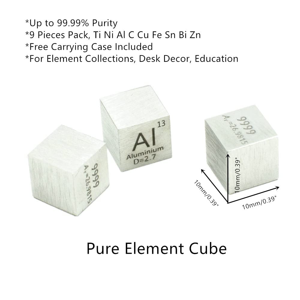0.39" Element Cube Set 10mm Density Cubes Copper Iron Bismuth Titanium for Periodic Table Collection Up to 99.99% Purity (0.39“, 9-01)