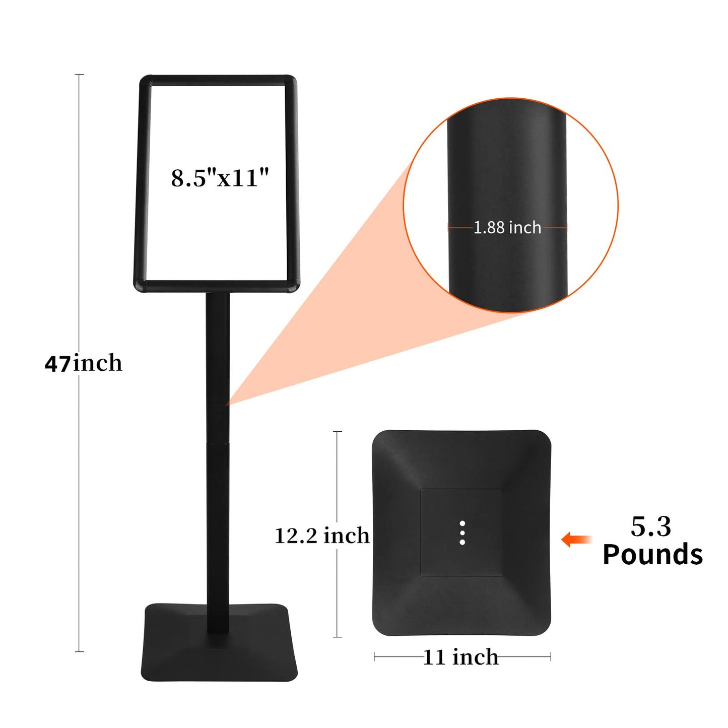 JUNJIAO Sign Stand Holder 8.5 x 11 Inch Poster Stand with Base Heavy Duty Pedestal Display Sign Stands Adjustable Floor Standing,Vertical and Horizontal Display for Indoor Outdoor, Black