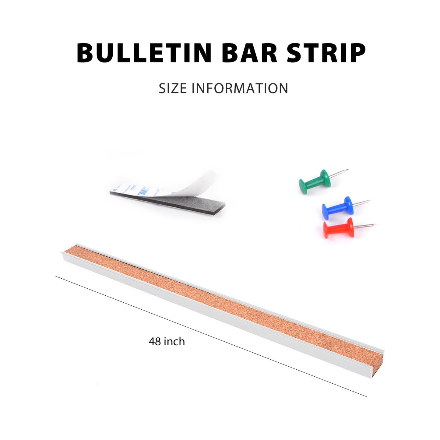Corksidol Bulletin Bar Strip, Cork Board, Cork Strips, 48" x 1", Classroom, Office, Walls, Cubicle, Aluminum Frame,Include Pins and Adhesive Strip, 2 Pack, (Silver)