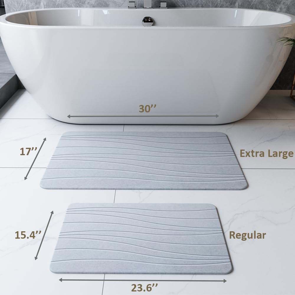 Extra Large Stone Bath Mat, 30'' x 17'' Diatomaceous Earth Non-Slip Stone Shower Mat, Super Absorbent Diatomite Stone Mats for Bathroom Light Gray XL Flow