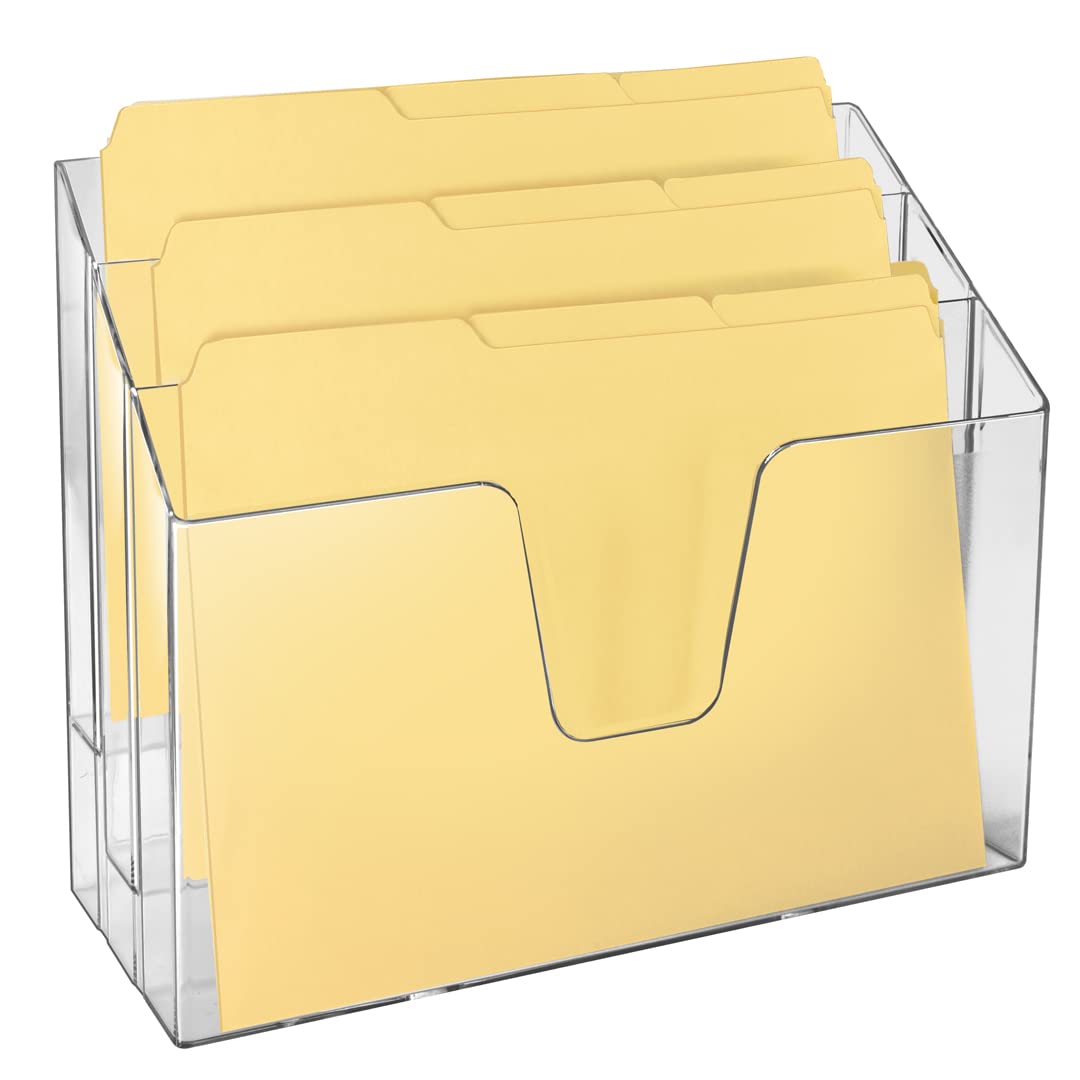 Acrimet Horizontal Triple File Folder Holder Organizer, Open-Top Desktop Document Sorter for Letter Size Papers & Folders, Includes 9 Manila Folders, Plastic Clear Crystal