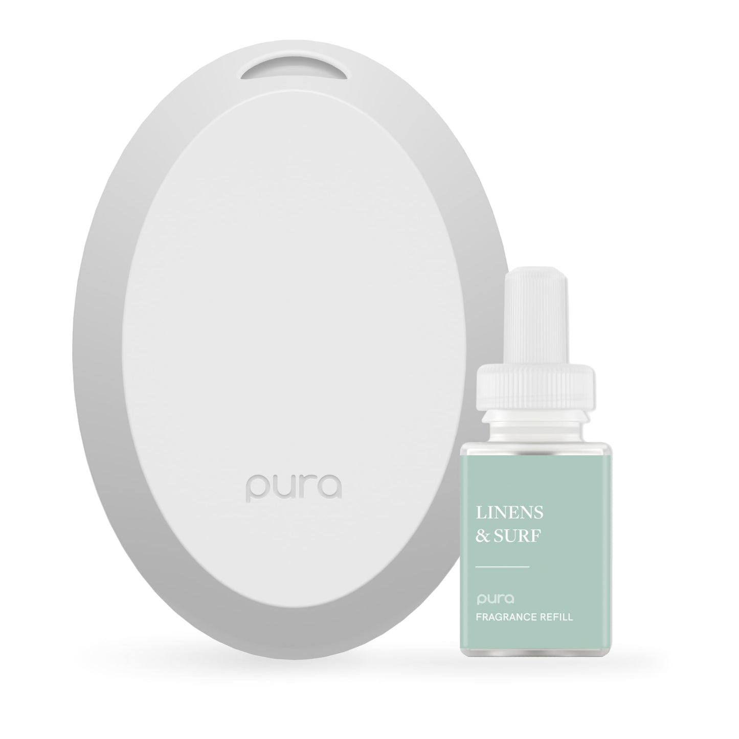Pura Home Mini Fragrance Diffuser for Small Spaces Adjustable Smart Home Device with LED Light & Automatic Vial Detection - Includes 1 Scent Refill - Linens & Surf