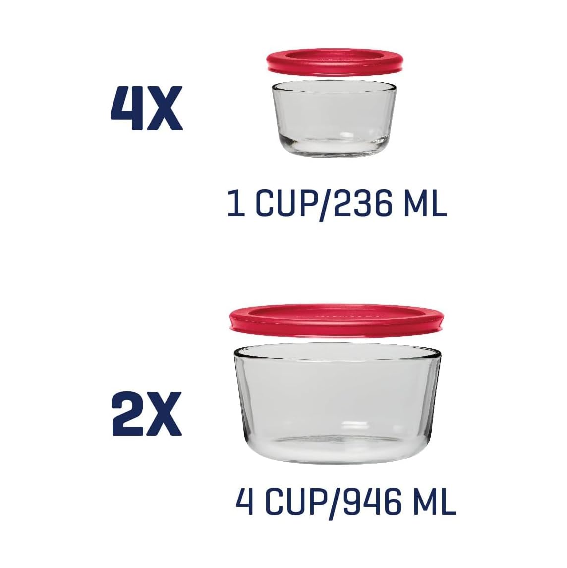Anchor Hocking 12 Piece Glass Storage Containers with Lids (6 Glass Food Storage Containers & 6 Red SnugFit Lids)